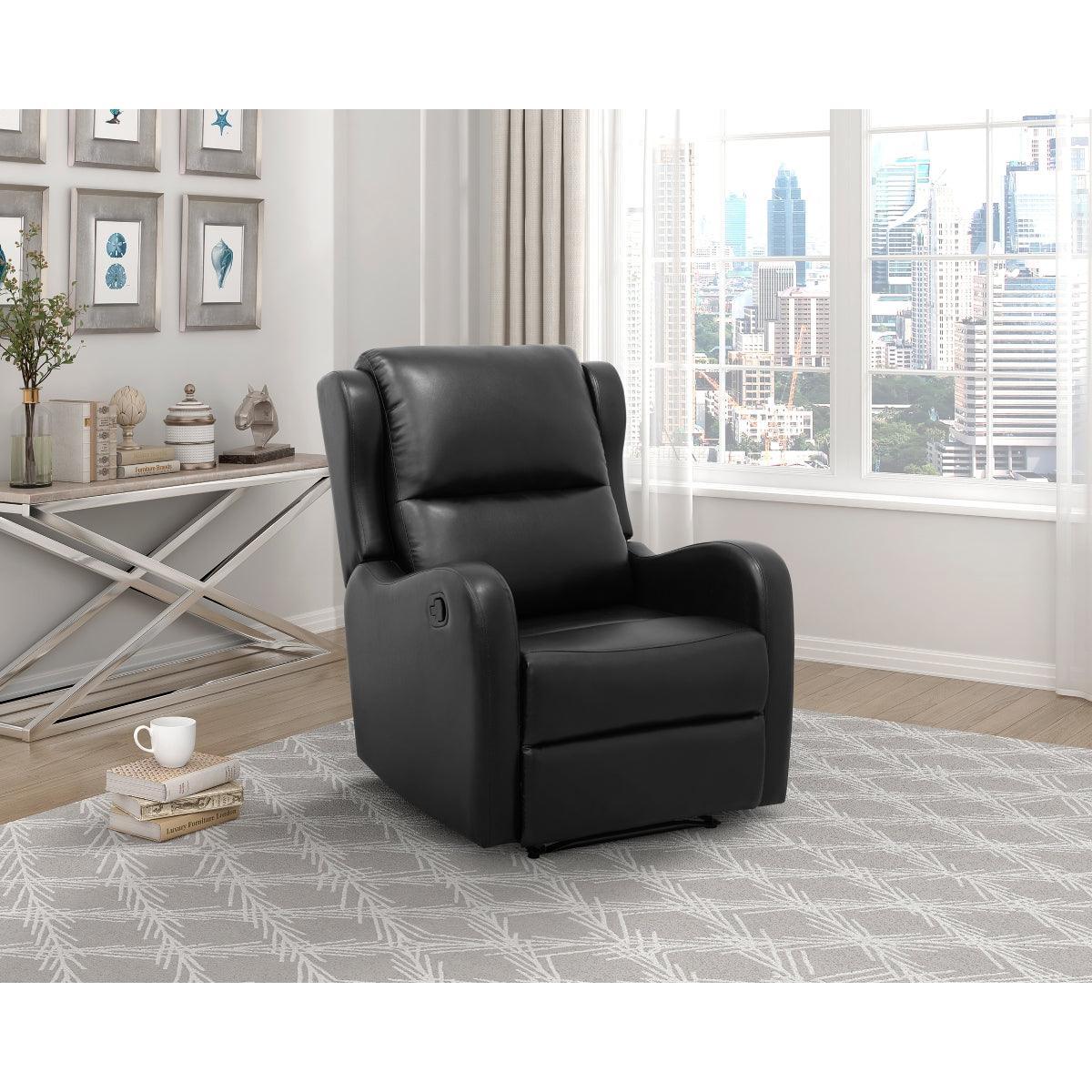 Durant Black Modern Contemporary Solid Wood And Plywood Metal Faux Leather Upholstery Recliners - Ella Furniture