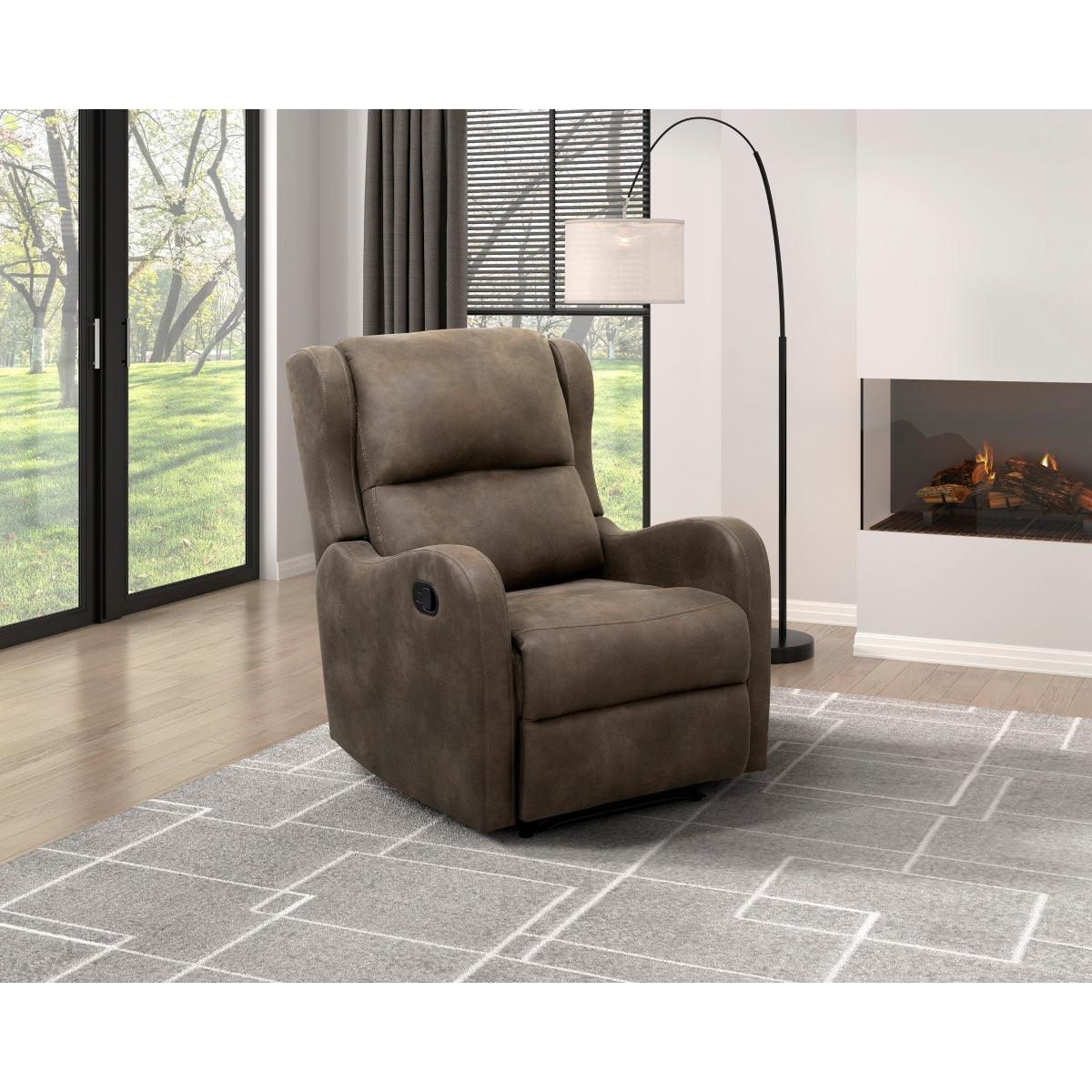 Durant Brown Modern Contemporary Solid Wood And Plywood Metal Faux Leather Upholstery Recliners - Ella Furniture