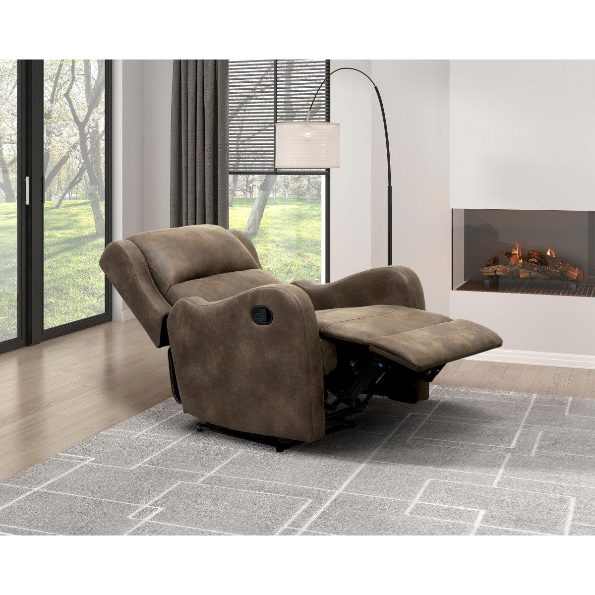 Durant Brown Modern Contemporary Solid Wood And Plywood Metal Faux Leather Upholstery Recliners - Ella Furniture