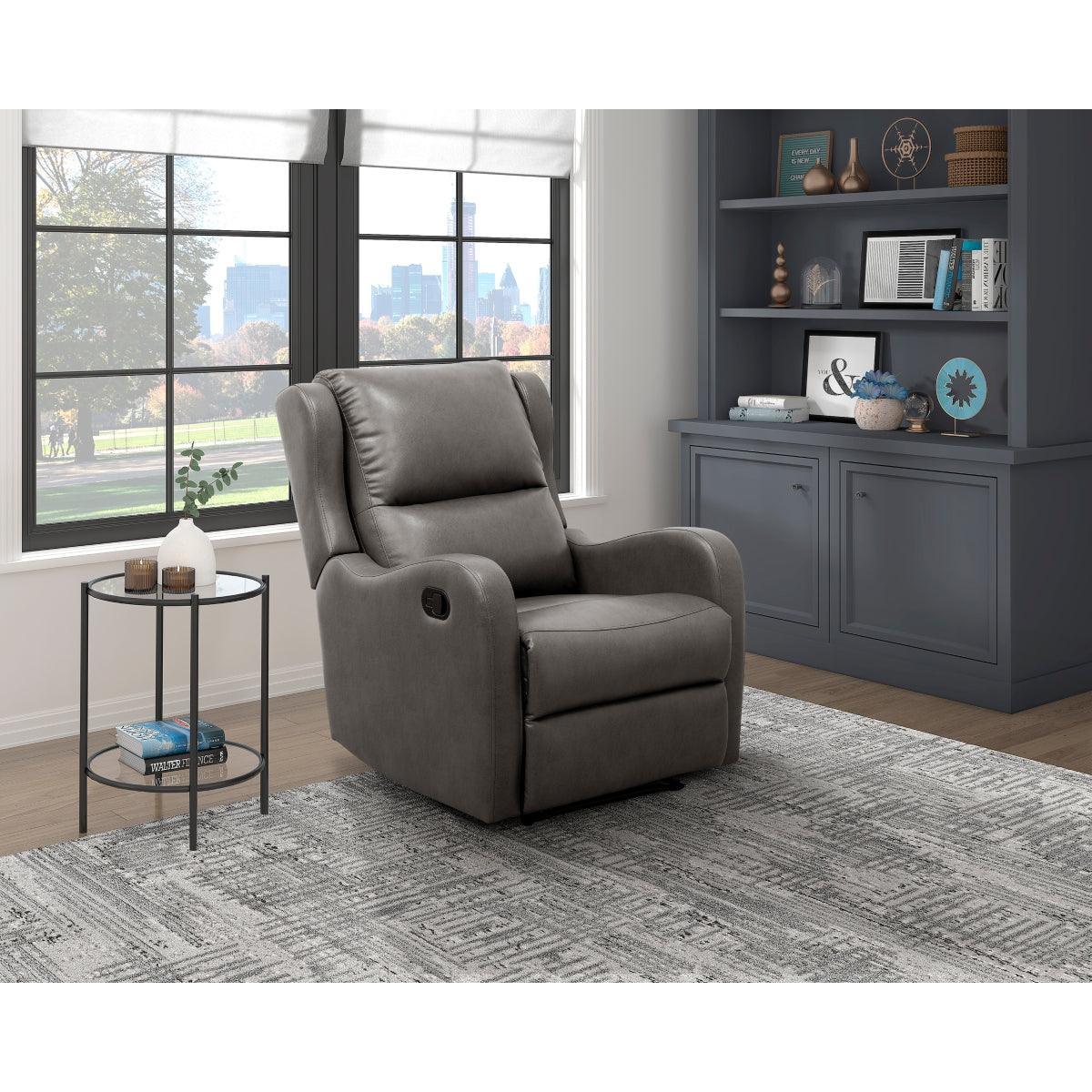 Durant Gray Modern Contemporary Solid Wood And Plywood Metal Faux Leather Upholstery Recliners - Ella Furniture