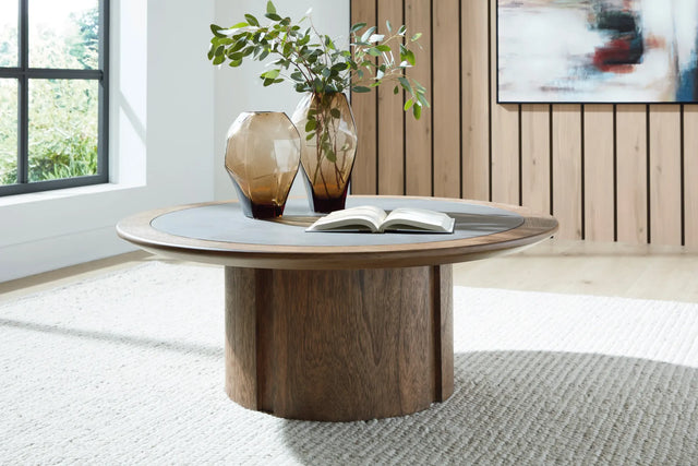 Warm Brown Coffee Table with Faux Cement Inset — product view