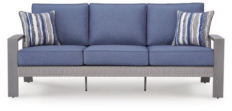 Half Blue/Gray Moon Beach Outdoor Sofa with 2 Lounge Chairs — front view