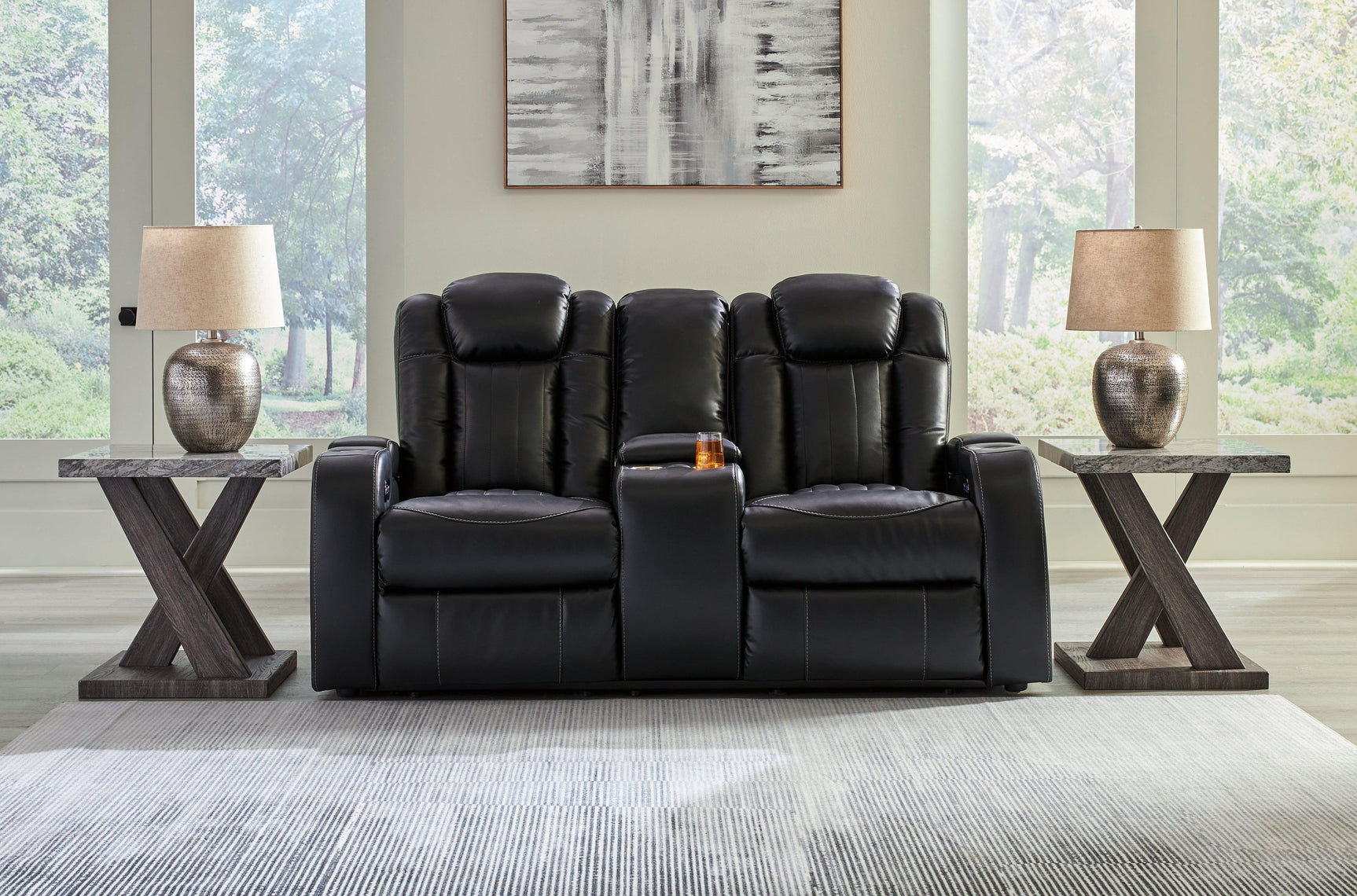 Caveman Den Midnight Faux Leather Power Reclining Loveseat With Console
