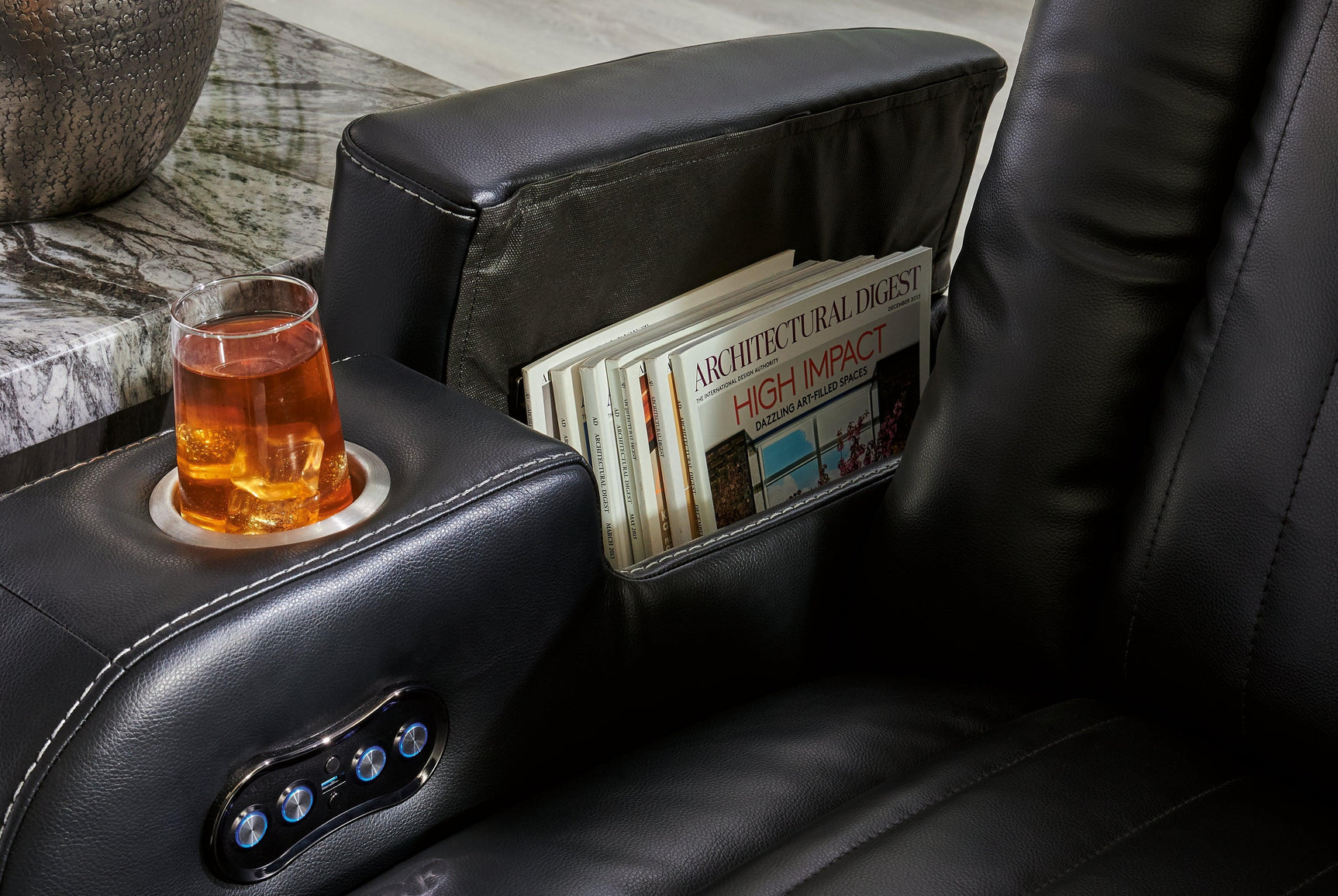 Caveman Den Midnight Faux Leather Power Reclining Loveseat With Console