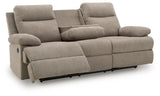 Side-Swipe Mocha Chenille Reclining Sofa with Drop Down Table