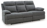 Side-Swipe Charcoal Chenille Reclining Sofa with Drop Down Table