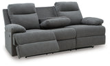 Side-Swipe Charcoal Chenille Reclining Sofa with Drop Down Table