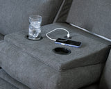 Side-Swipe Charcoal Chenille Reclining Sofa with Drop Down Table