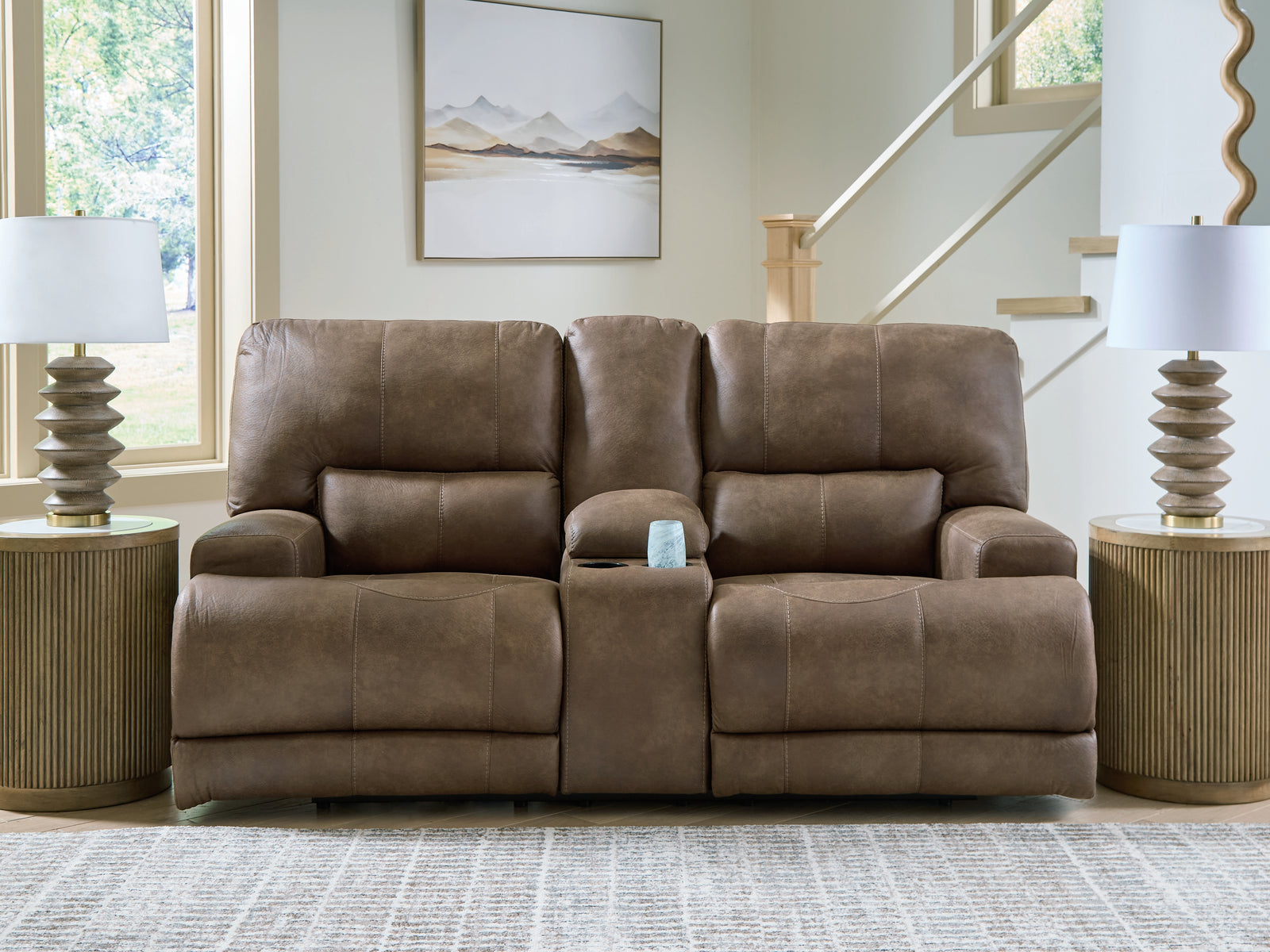 Beckley Place Earth Faux Leather Power Reclining Loveseat with Console