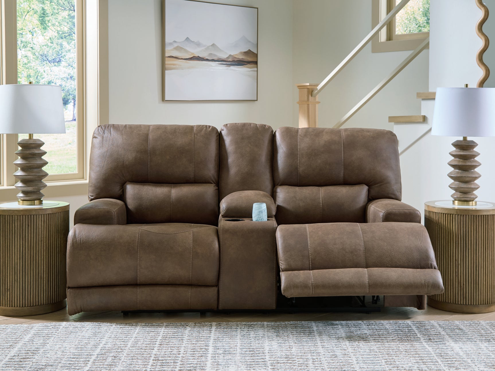 Beckley Place Earth Faux Leather Power Reclining Loveseat with Console