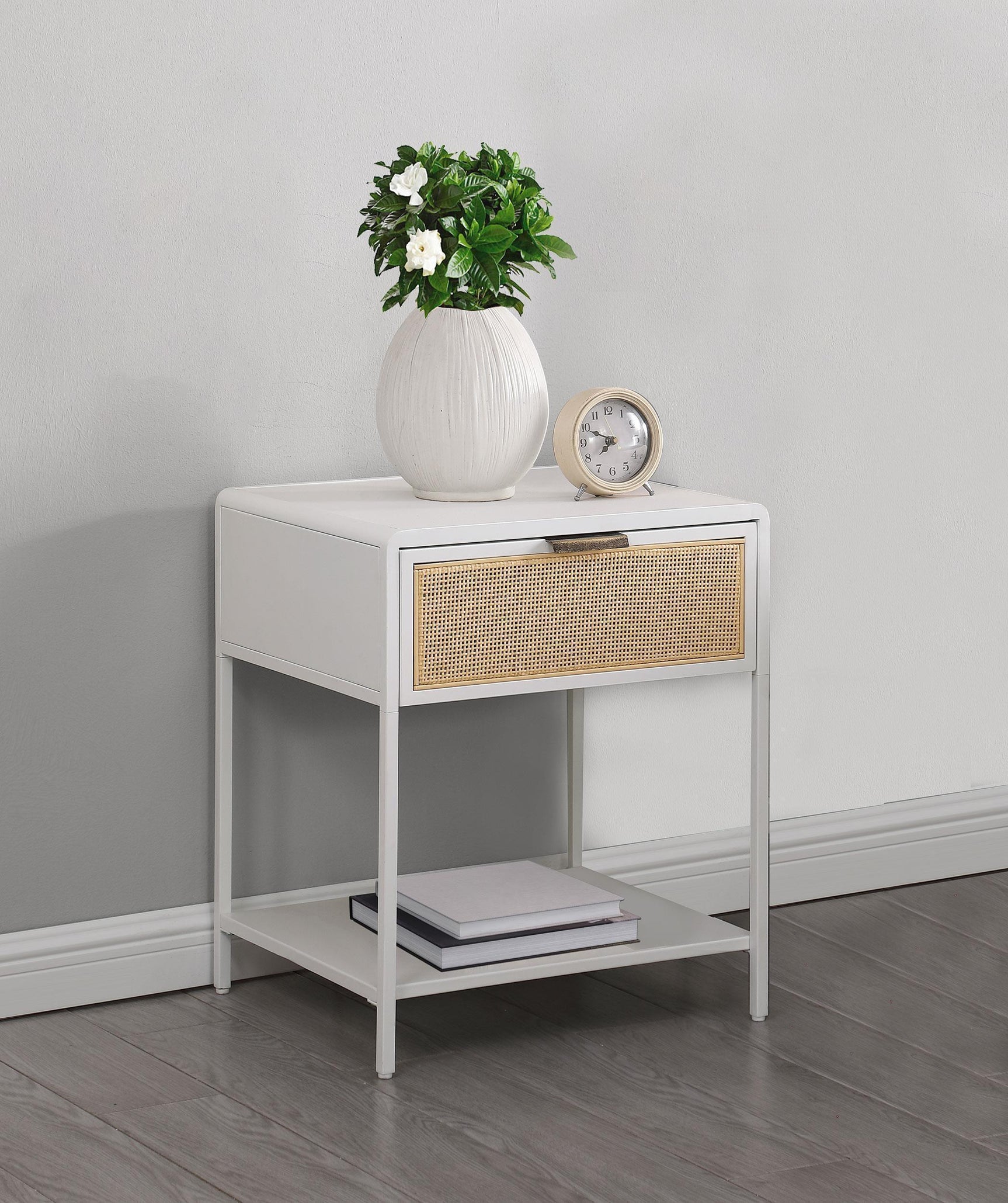 Amherst 1 Drawer Radio Weave Rattan Metal Side Table White