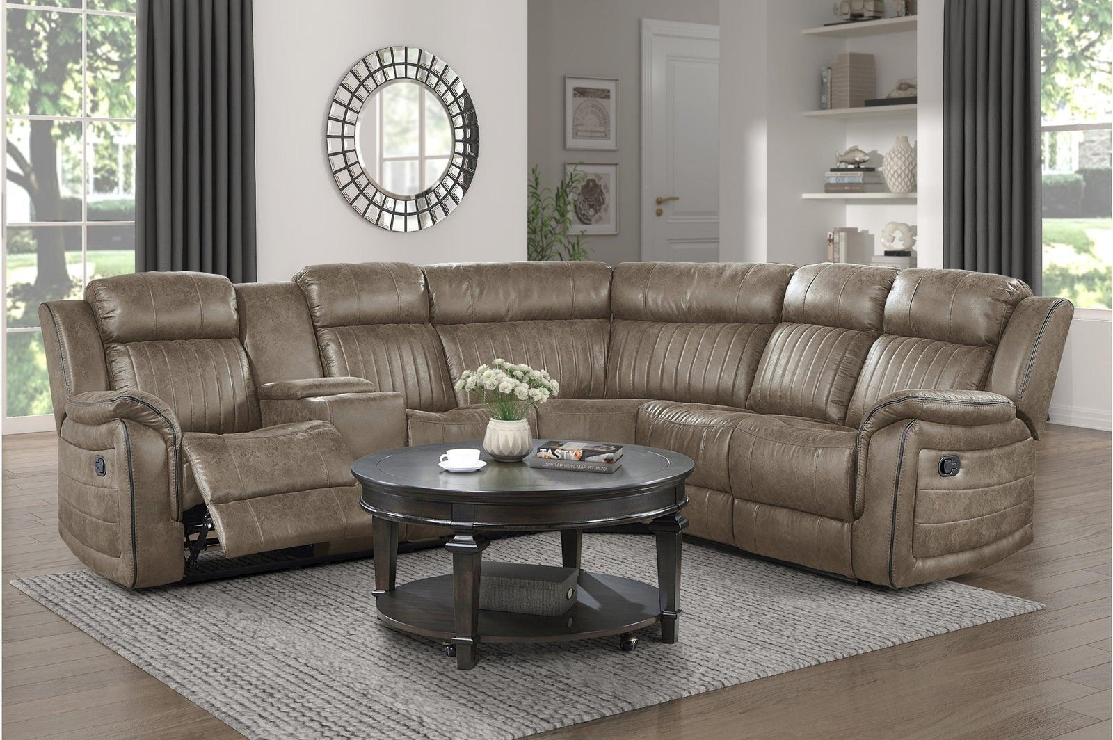 Centeroak Brown Gray Faux Leather Reclining Sectional