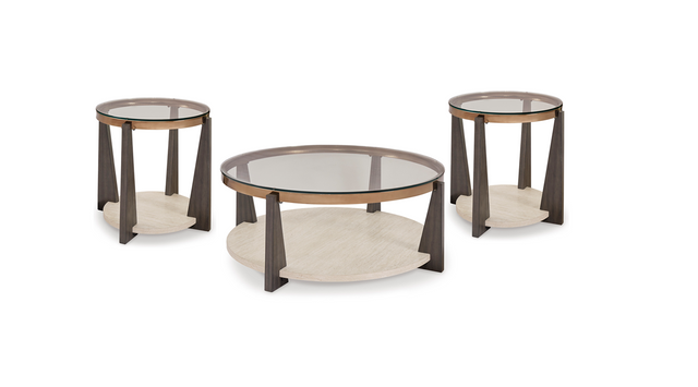 Glass-Top Faux Travertine Coffee Table Set with Gold-Tone Frame — product view