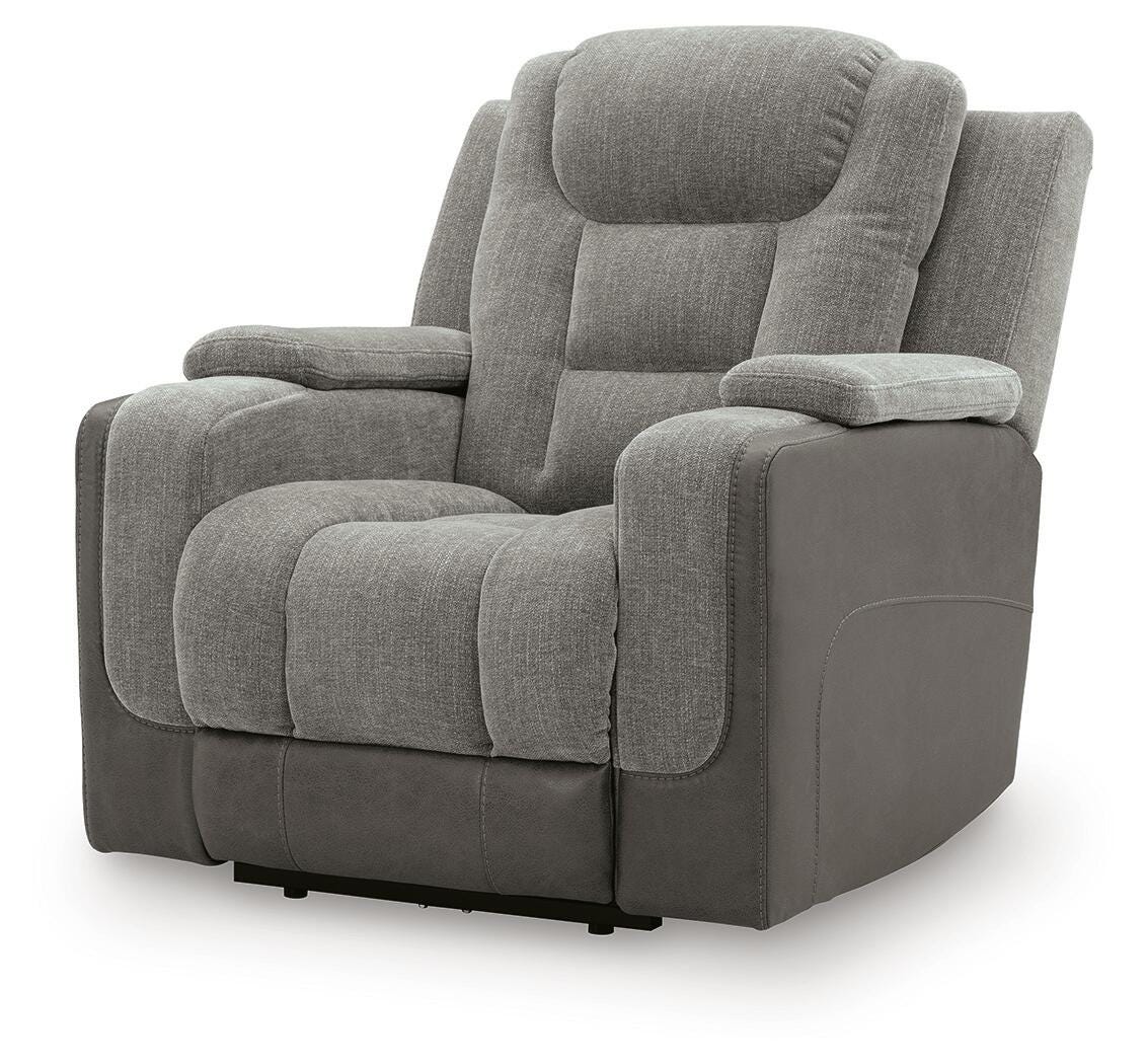 Mixed Motion Shadow Chenille / Faux Leather Power Recliner — angled view