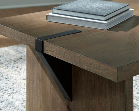 Brown Rustic Oak Veneer Coffee Table with Metallic Leg Blocks — detail view