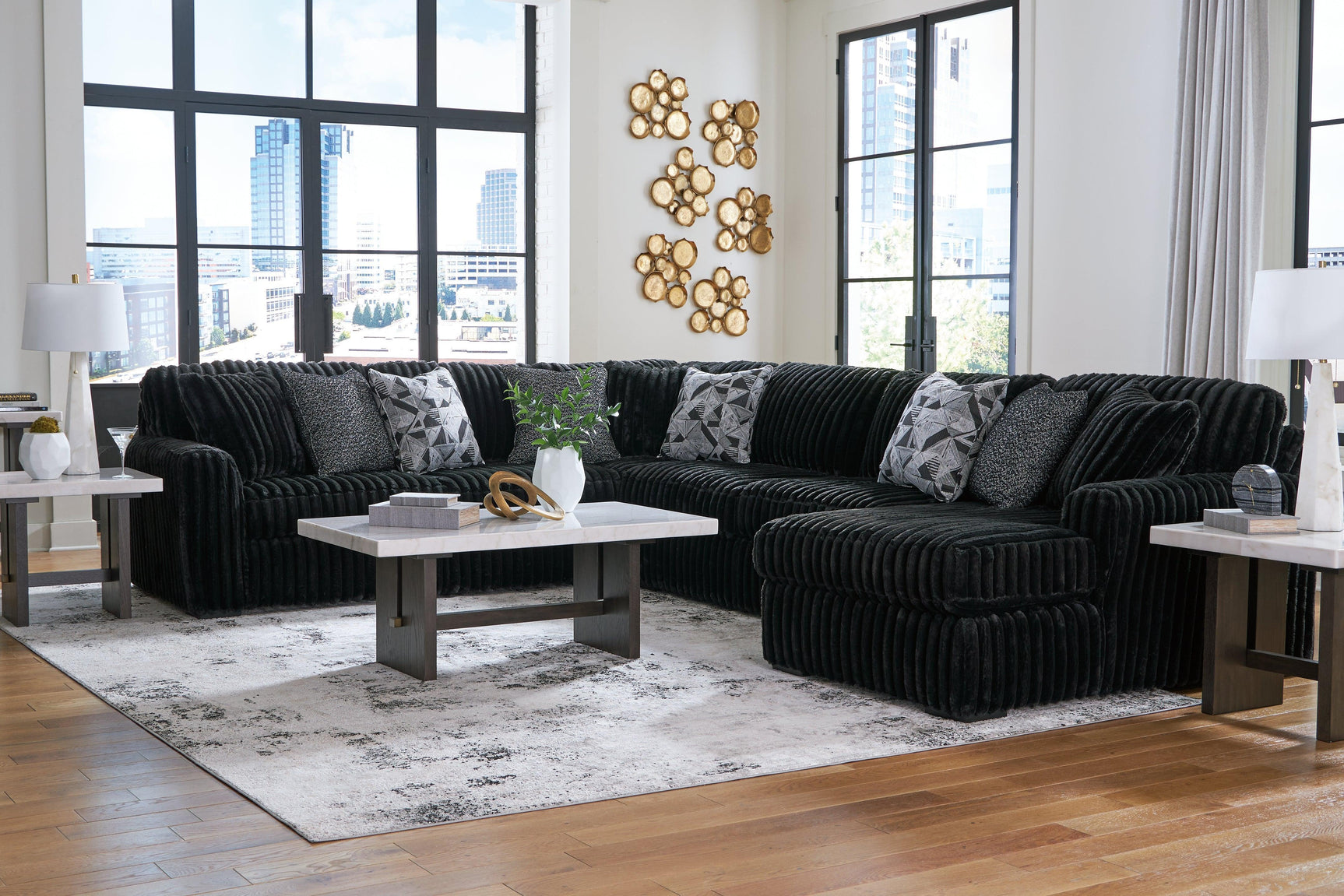 Midnight-Madness Onyx Velvet 4-Piece Sectional with Chaise