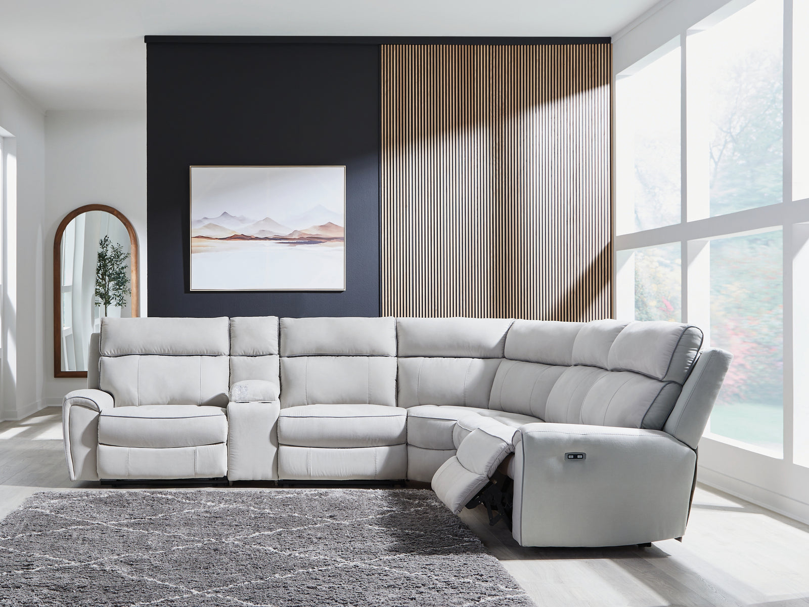Social Pointe Pearl/Ash Chenille 6-Piece Reclining Sectional with Storage Console