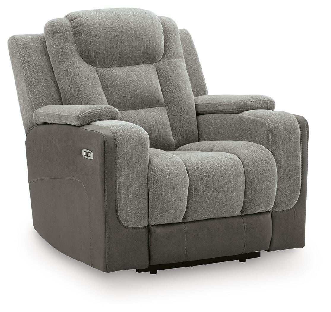 Mixed Motion Shadow Chenille / Faux Leather Power Recliner — angled view