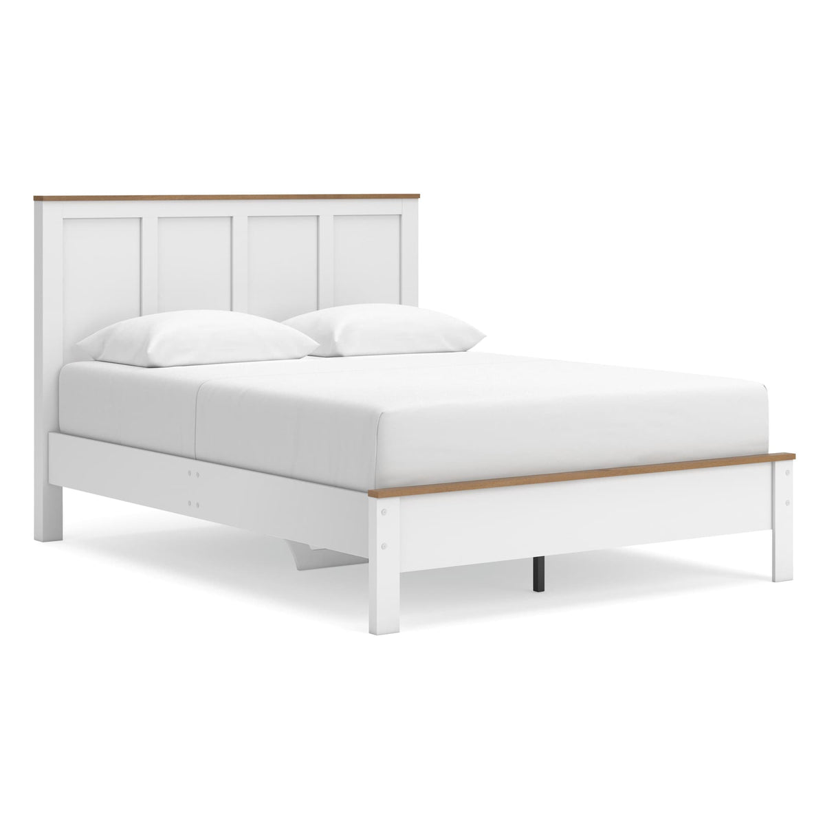 Kerisden White/Brown Queen Panel Complete Bed Frame — angled view