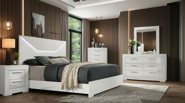 Ivette White High Gloss Bedroom Set with LED Headboard from Ella Furniture