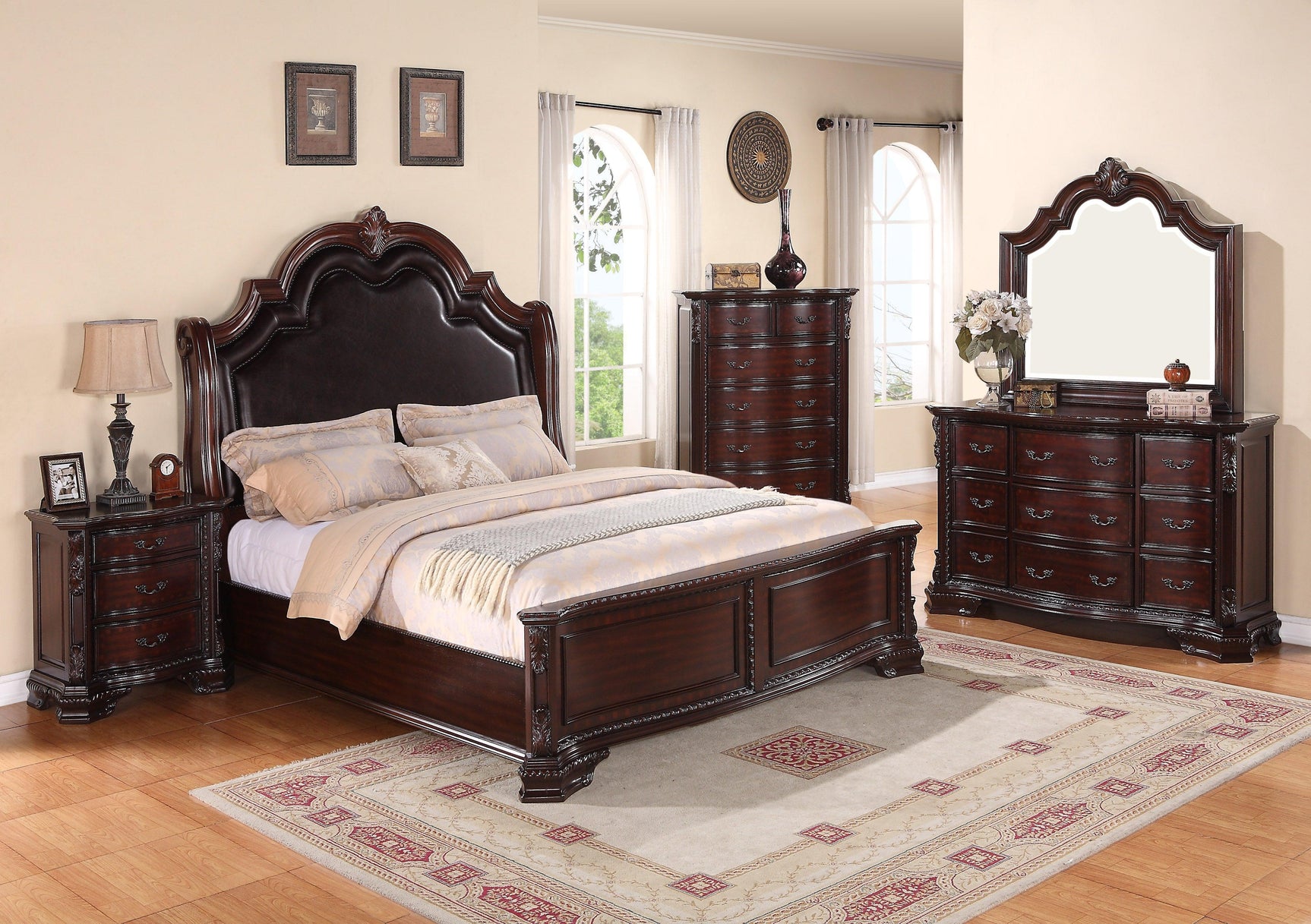 Sheffield Rich Brown And Dark Cherry Finish Rustic Faux Leather Upholstered Panel Bedroom Set, Wood - Ella Furniture