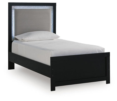 Maeling Black Twin Upholstered Panel Bed angled view