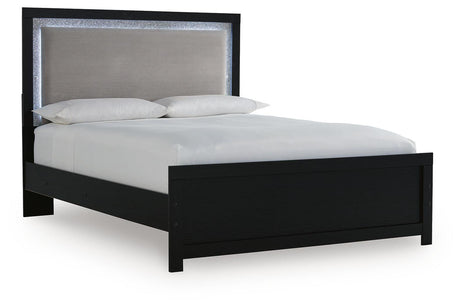 Maeling Black Queen Upholstered Panel Bed angled view