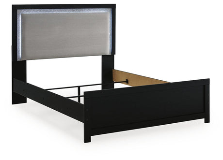 Maeling Black Queen Upholstered Panel Bed angled view