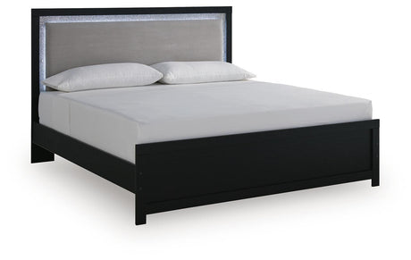 Maeling Black King Upholstered Panel Bed angled view