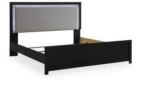Maeling Black King Upholstered Panel Bed angled view