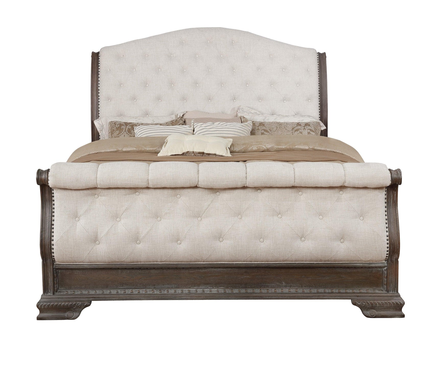 Sheffield Antique Gray Modern Wood Queen Fabric Upholstered Tufted Sleigh Bed - Ella Furniture