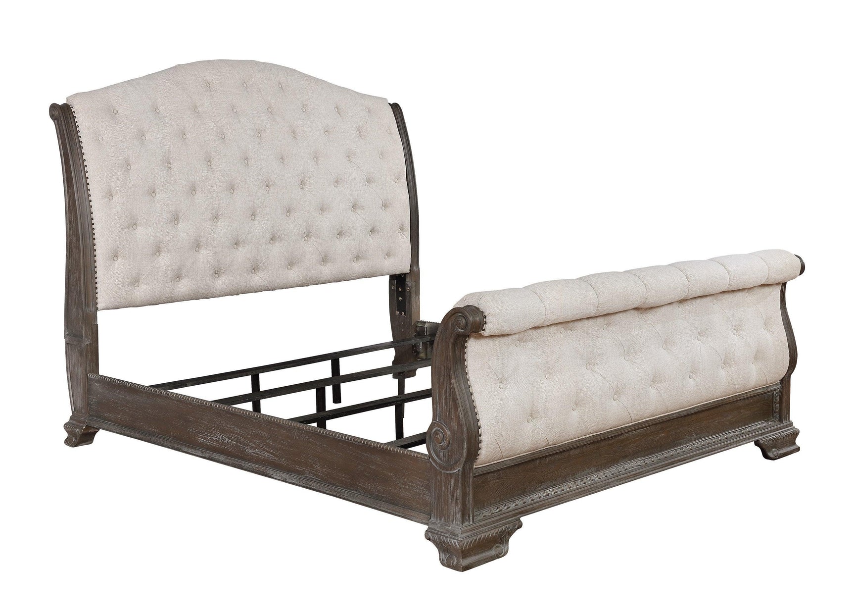 Sheffield Antique Gray Finish Wood King Fabric Upholstered Tufted Sleigh Bed - Ella Furniture