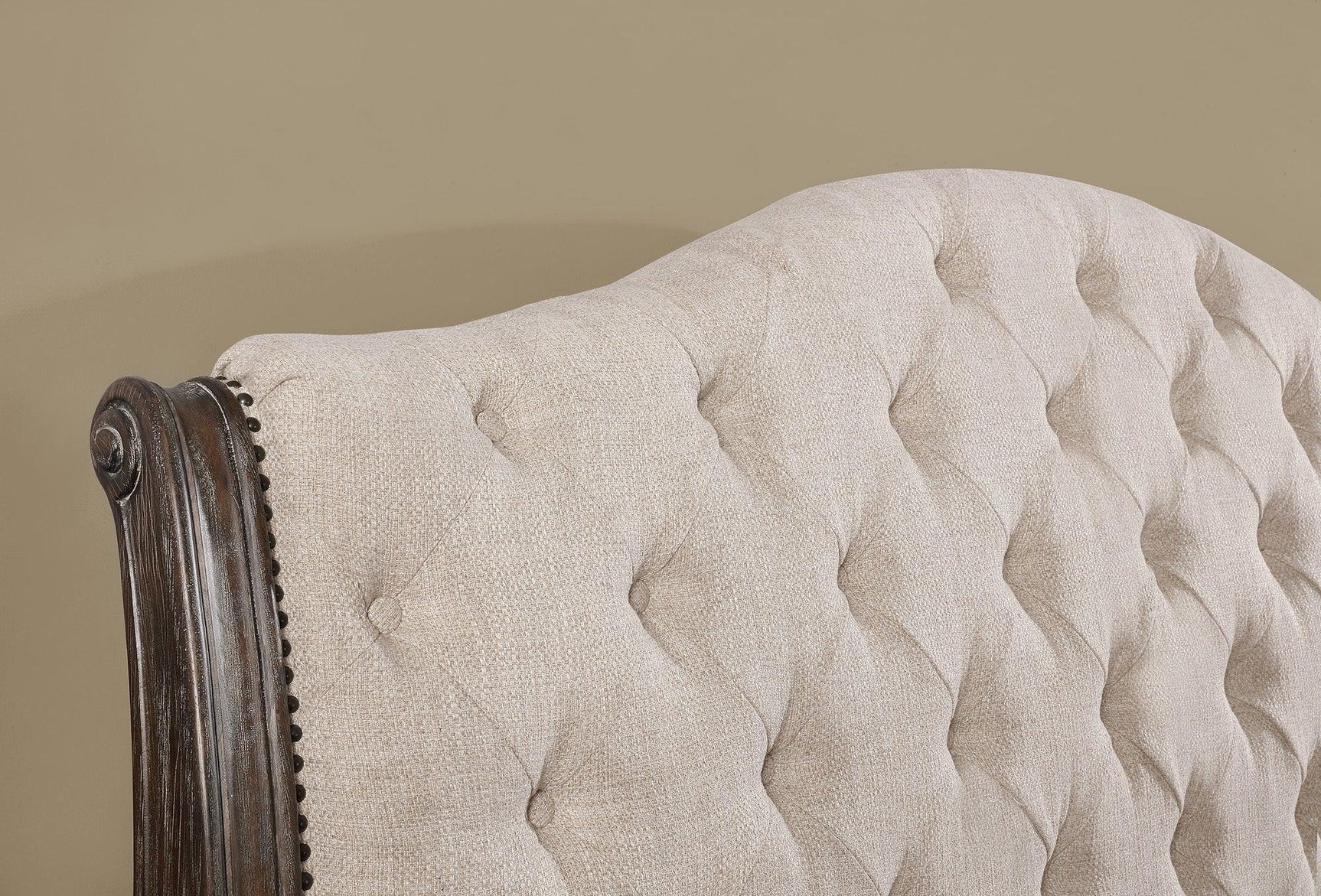 Sheffield Antique Gray Finish Wood King Fabric Upholstered Tufted Sleigh Bed - Ella Furniture