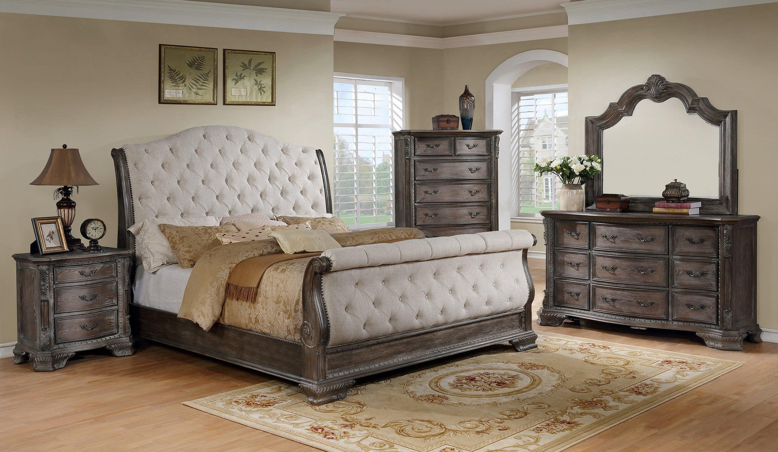 Sheffield Antique Gray Fabric Upholstered Tufted Sleigh Bedroom Set - Ella Furniture