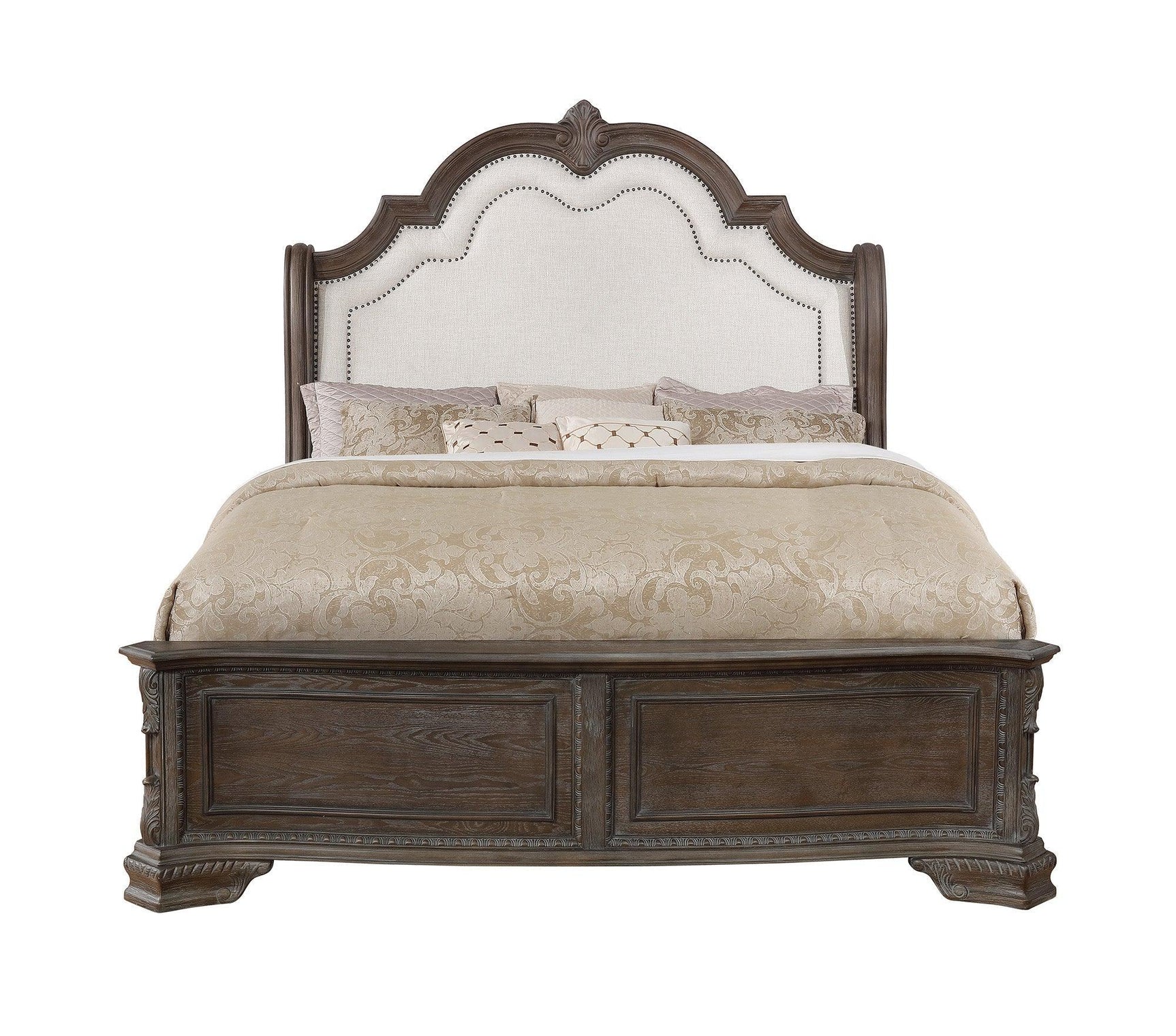 Sheffield Antique Gray Finish Modern Wood King Soft Fabric Upholstered Panel Bed - Ella Furniture