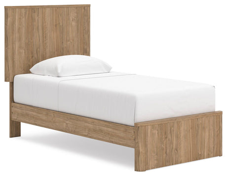 Gramburg Warm Natural Brown Twin Panel Platform Bed angled view