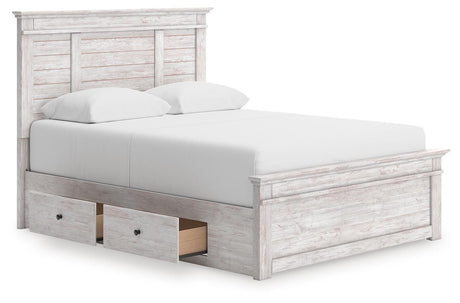 Makidern Whitewash Queen Panel Storage Bed angled view