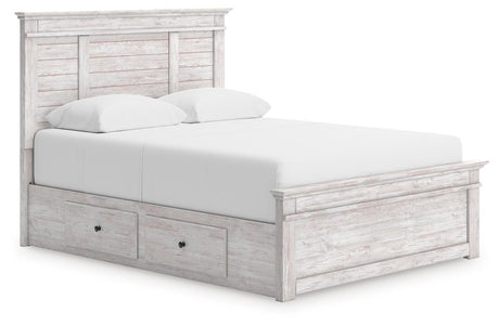 Makidern Whitewash Queen Panel Storage Bed angled view