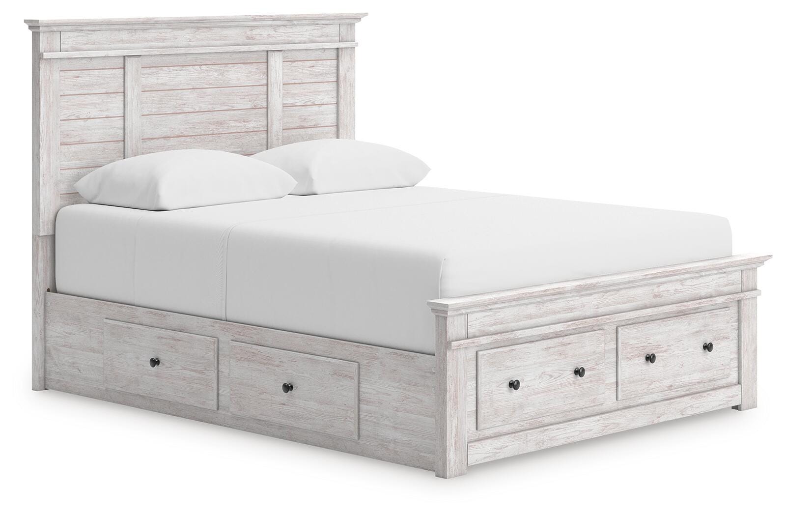 Makidern Whitewash Queen Panel Storage Bed angled view