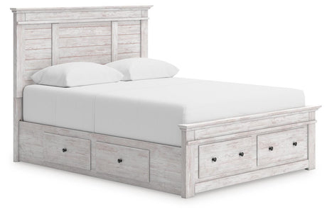 Makidern Whitewash Queen Panel Storage Bed angled view
