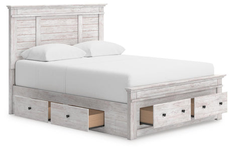 Makidern Whitewash Queen Panel Storage Bed angled view
