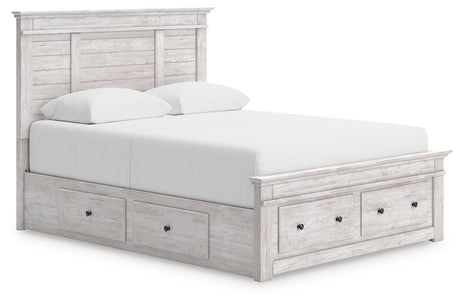Makidern Whitewash Queen Panel Storage Bed angled view