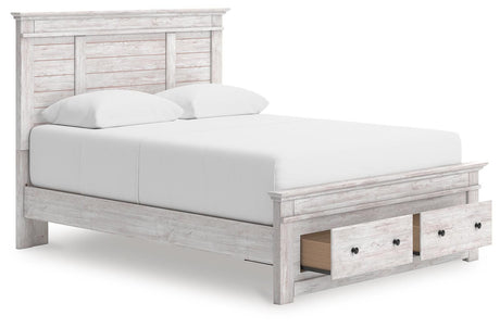 Makidern Whitewash Queen Panel Storage Bed angled view