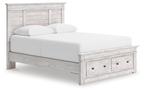 Makidern Whitewash Queen Panel Storage Bed angled view