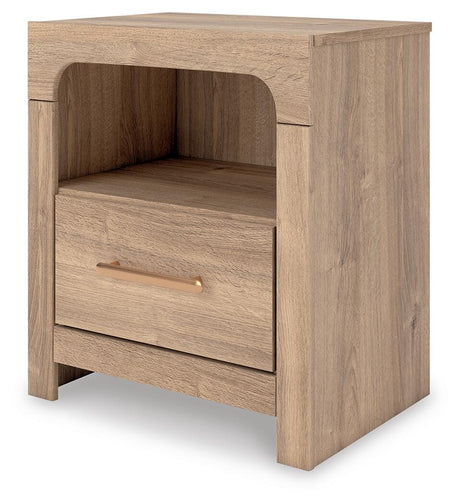 Kinlanni Tan Upholstered Platform Bedroom Set angled view
