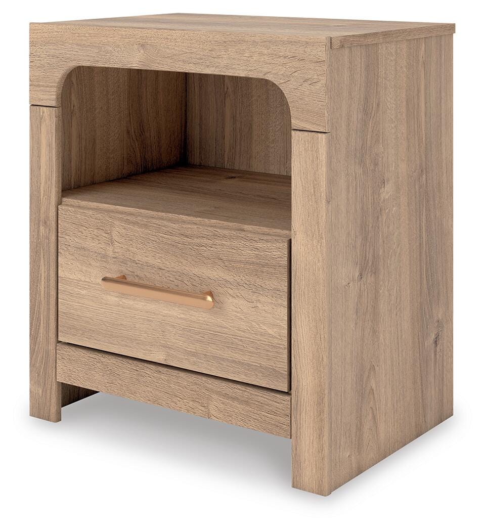 Kinlanni Tan Upholstered Panel Bedroom Set angled view