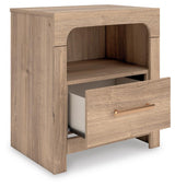 Kinlanni Tan Upholstered Panel Bedroom Set angled view