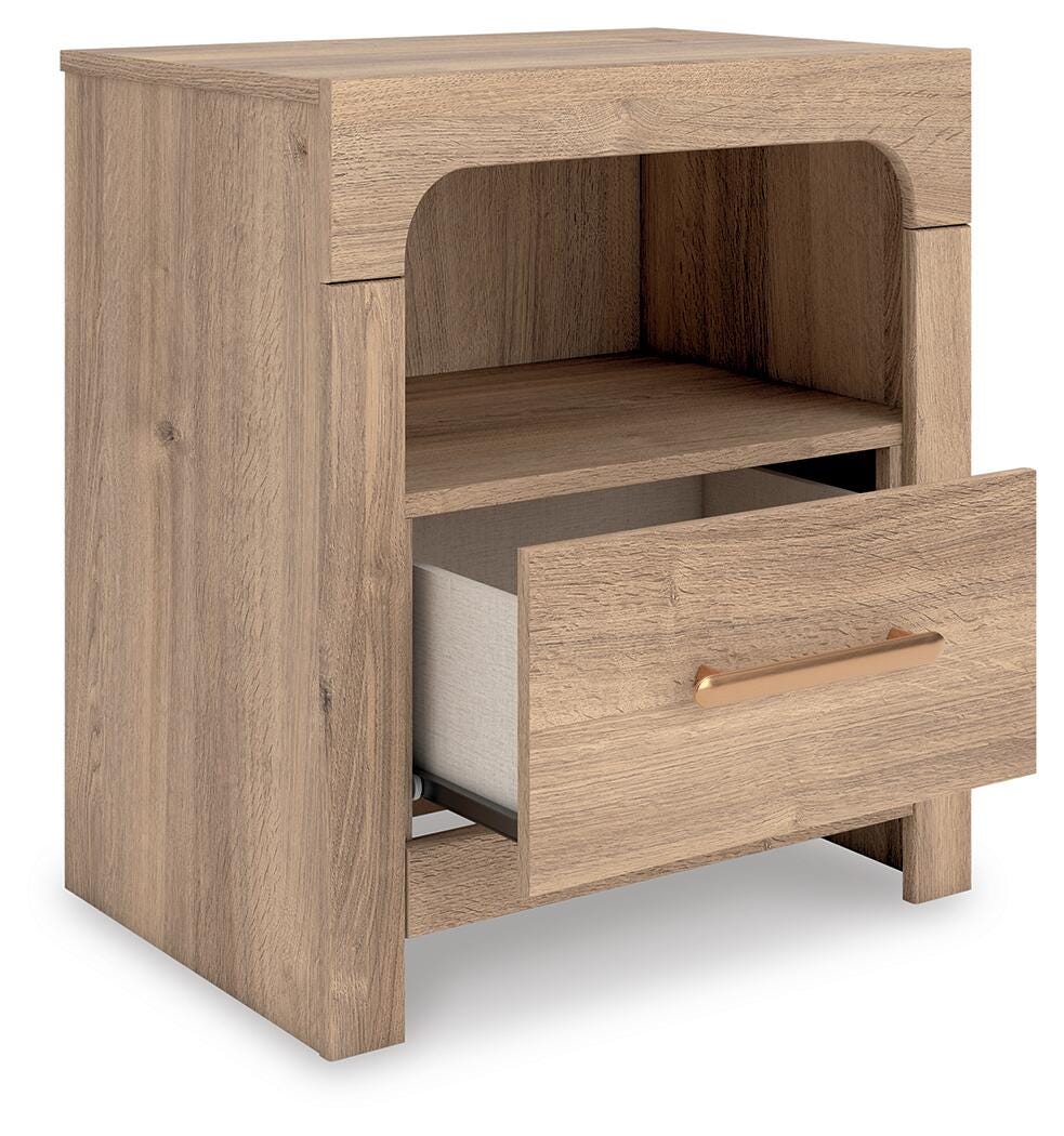 Kinlanni Tan Upholstered Panel Bedroom Set angled view