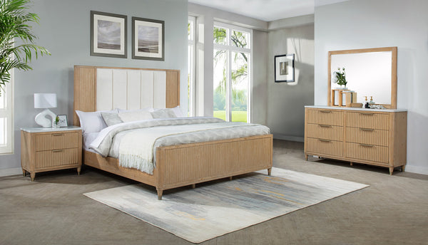 Kara Natural Upholstered Panel King Bed room view by Crownmark | Ella Furniture