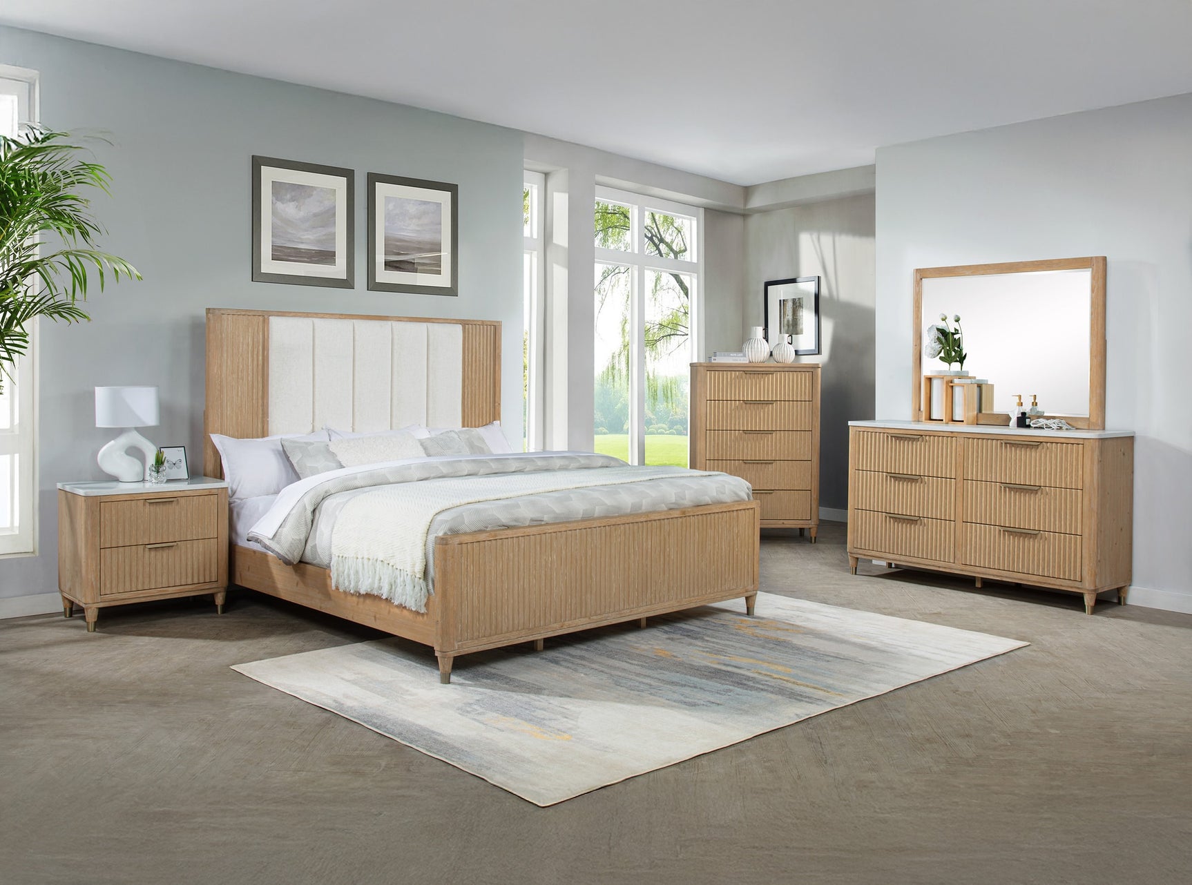 Kara Natural Upholstered Panel Bedroom Set room view by Crownmark | Ella Furniture